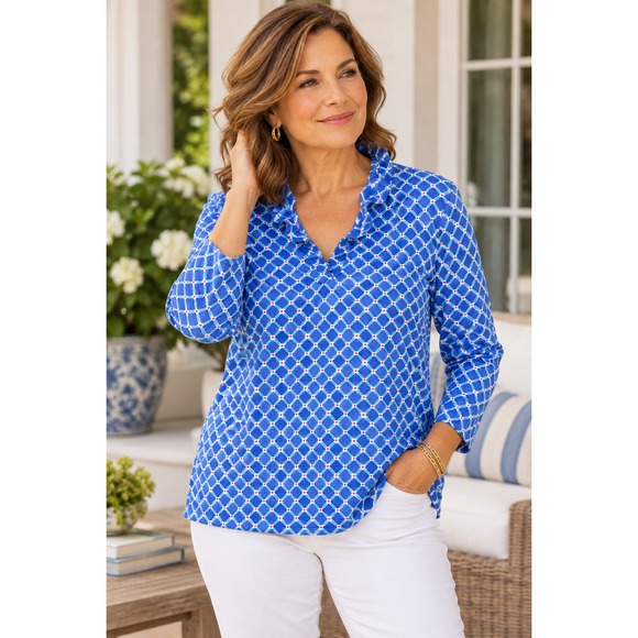 J. McLaughlin Tops - J.McLaughlin Blue Geometric Ruffle Neck 3/4 Sleeve Top No Size Preppy Coastal